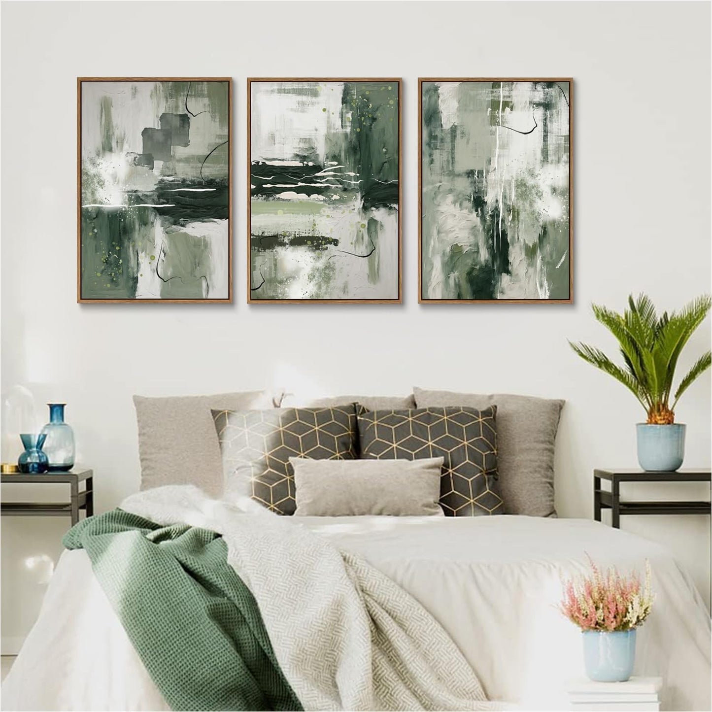 myusuar 3 Piece Large Modern Abstract Canvas Framed Wall Art For Living Room, Sage Green Minimalist Wall Art Decor Posters Prints For Bedroom Office, 12x16in