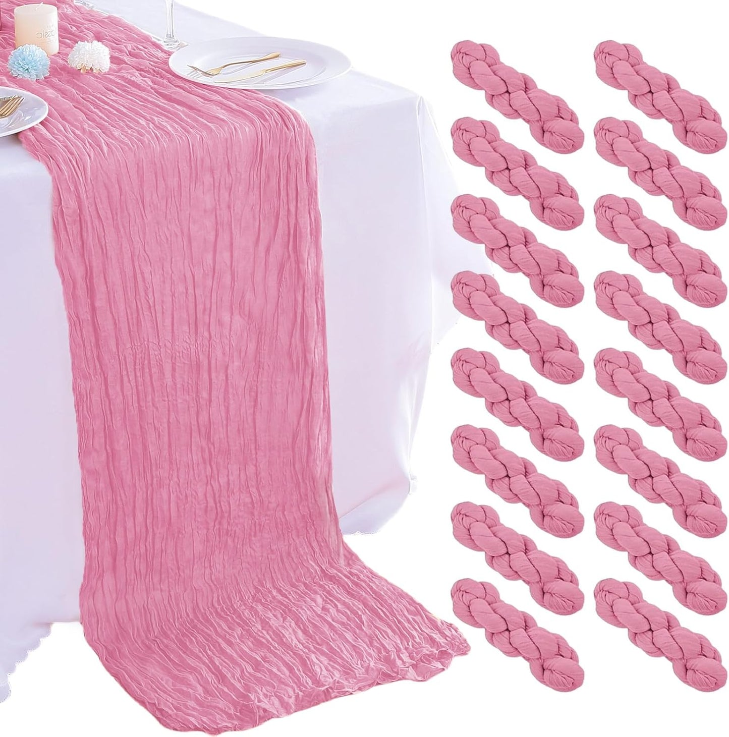 16PCS Dusty Rose Cheesecloth Table Runner 10FT Table Runner Cheesecloth 35x120Inch Boho Gauze Cheese Cloth Table Runner Long Rustic Sheer Table Runners for Wedding Party Baby Bridal Shower Table Decor