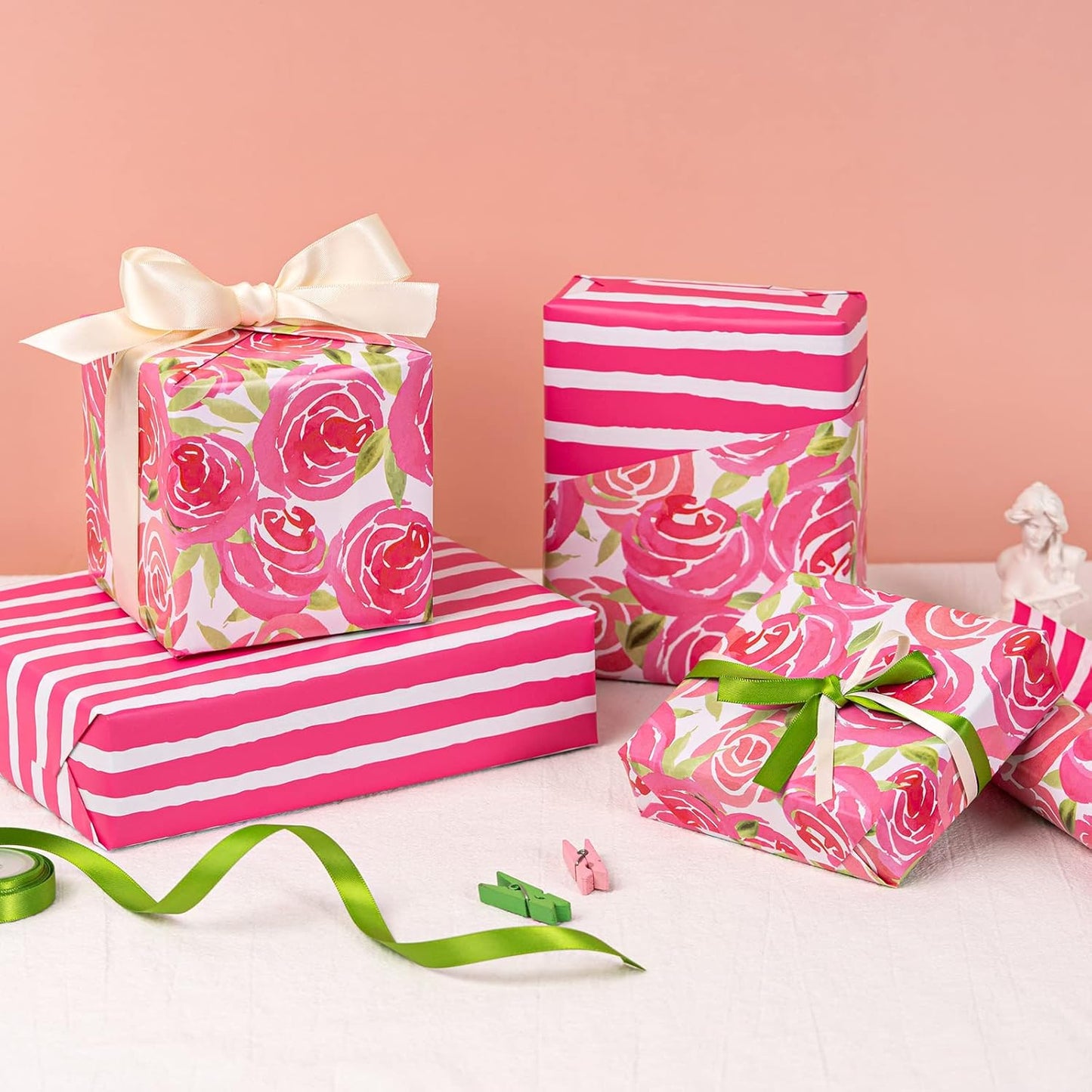 RUSPEPA Reversible Wrapping Paper Roll - Mini Roll - Watercolor Style Pink Rose and Stripe Pattern Great for Mother's Day, Birthday, Party, Wedding and More - 17 Inches X 32.8 Feet