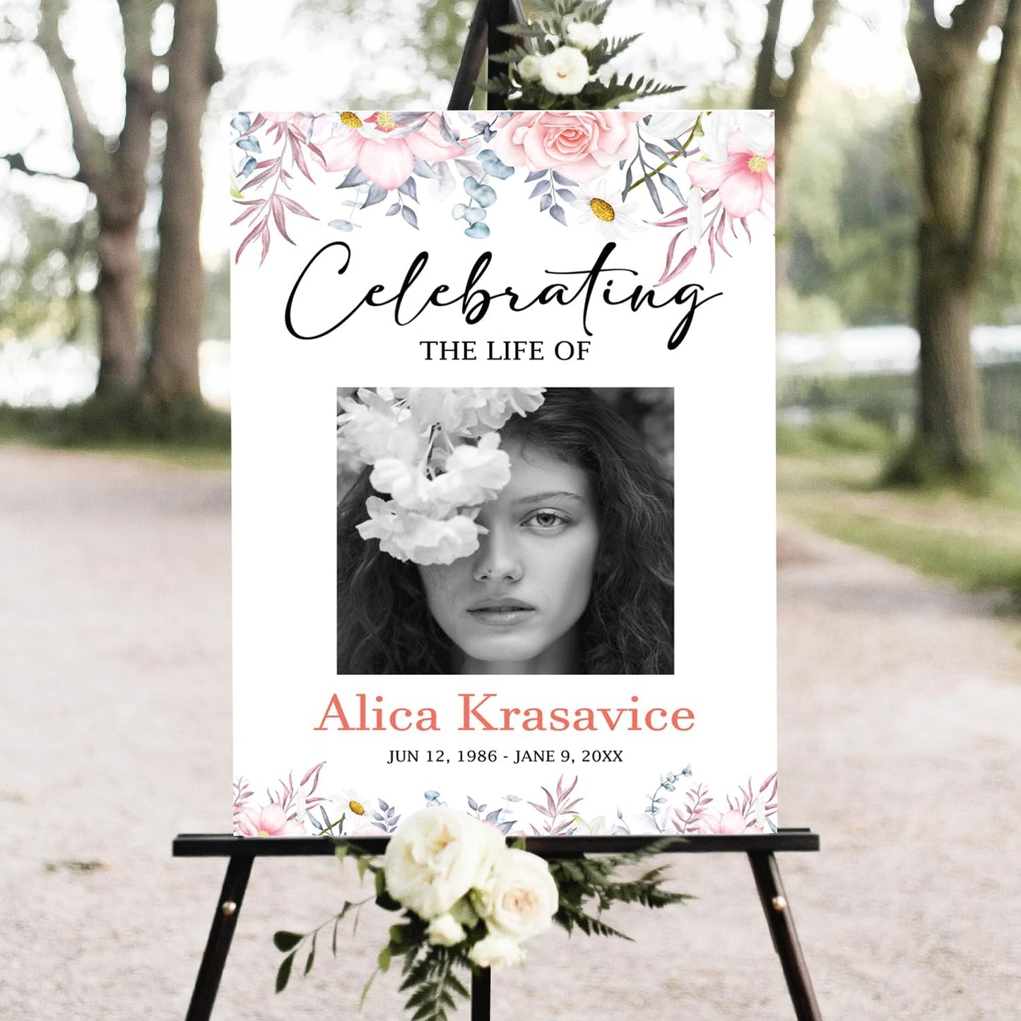 Greenery Funeral Welcome Sign, Celebration of Life Decoration, Large Funeral Sign, Memorial Sign, Funeral Décor, Obituary, Funeral Program, Blush Pink Rose Funeral Welcome Sign, #Version 07