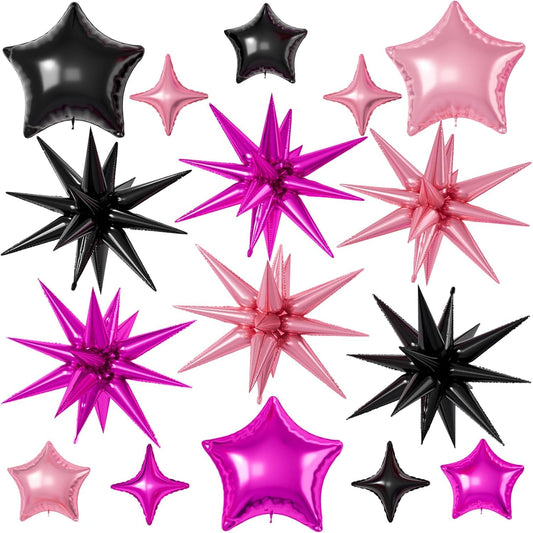 16 Pcs Black Hot Pink Star Balloons, 22/18/10 Inch Foil Balloons, Four-Pointed Balloon for Girl Mermaid Birthday Graduation Wedding Baby Shower Magic Party Decorations