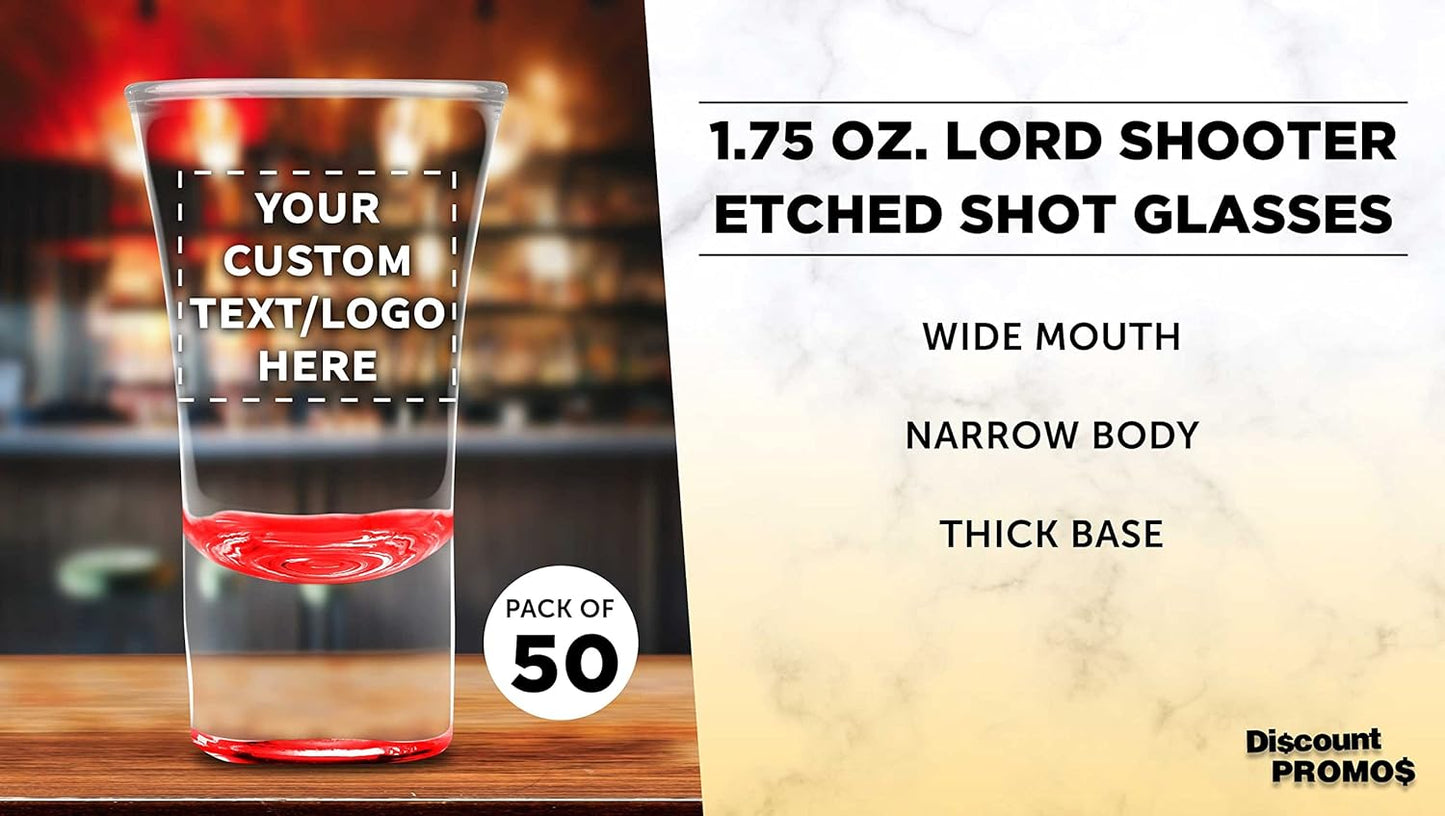 Custom 2 oz. Lord Shooter Etched Shot Glasses, 50 pack, Personalized Text, Logo, 21st Birthday Party, Lounge Glassware, Red