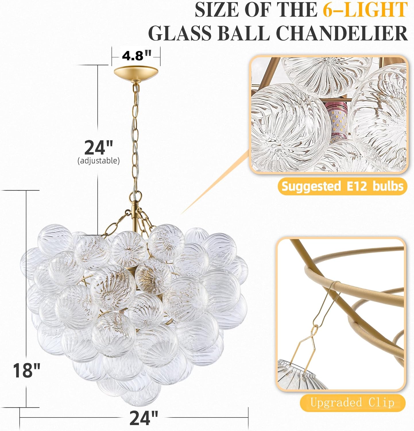 Nordic Bubble Ball Swirled Glass Chandelier, Diam 24 inch Gild Gold and Clear Blown Glass Hanging Pendant Light Fixture for Bedroom Study Restaurant