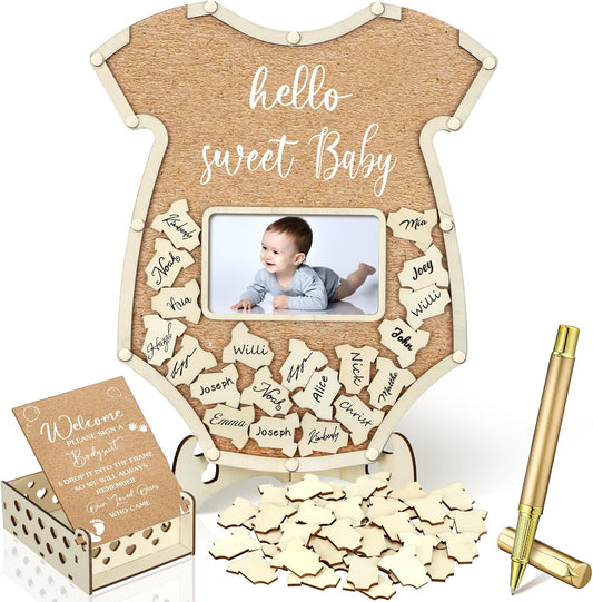 Wenqik 63 Pcs Bodysuit Baby Shower Guest Book Alternatives Set Baby Shower Decorations with Photo Frame Sonogram Frame Keepsake 60 Wood Slices Guest Book for Birthday