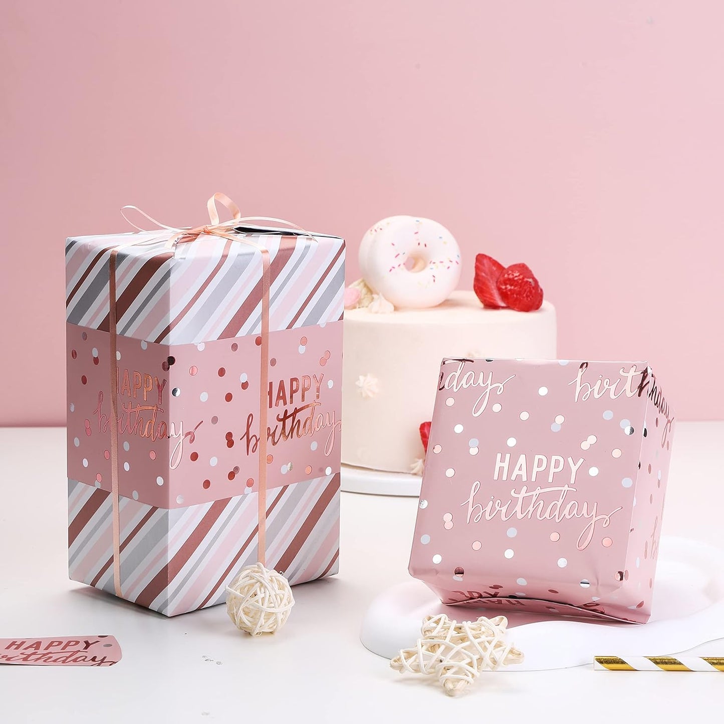 LeZakaa Reversible Pink Birthday Wrapping Paper Roll for Girls Women, Happy Birthday Lettering & Stripe Pattern with Metallic Foil in Pink, Mini Roll, 17 inches x 32.8 Feet (46.45 sq.ft.)