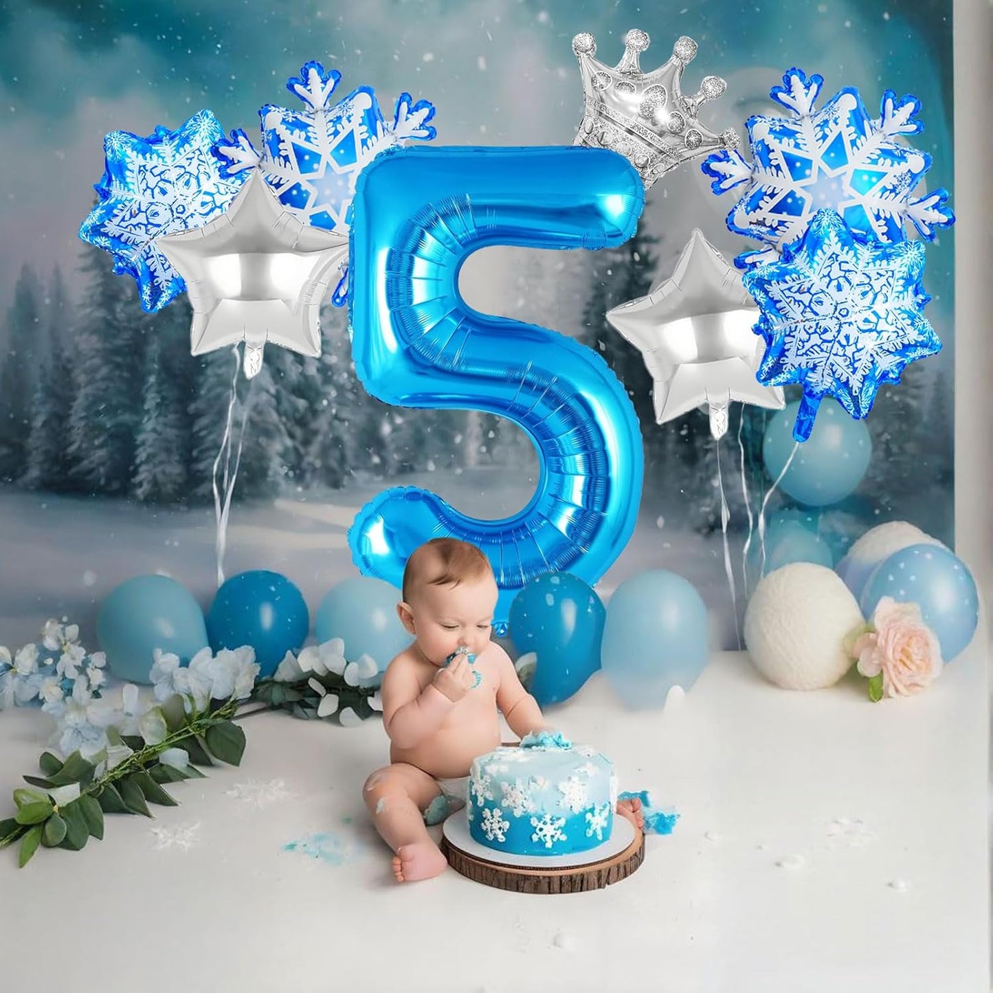8Pcs Winter Wonderland Decorations - 40inch Blue Number 5 Balloons - snowflake balloons for Winter Wonderland Birthday Decorations