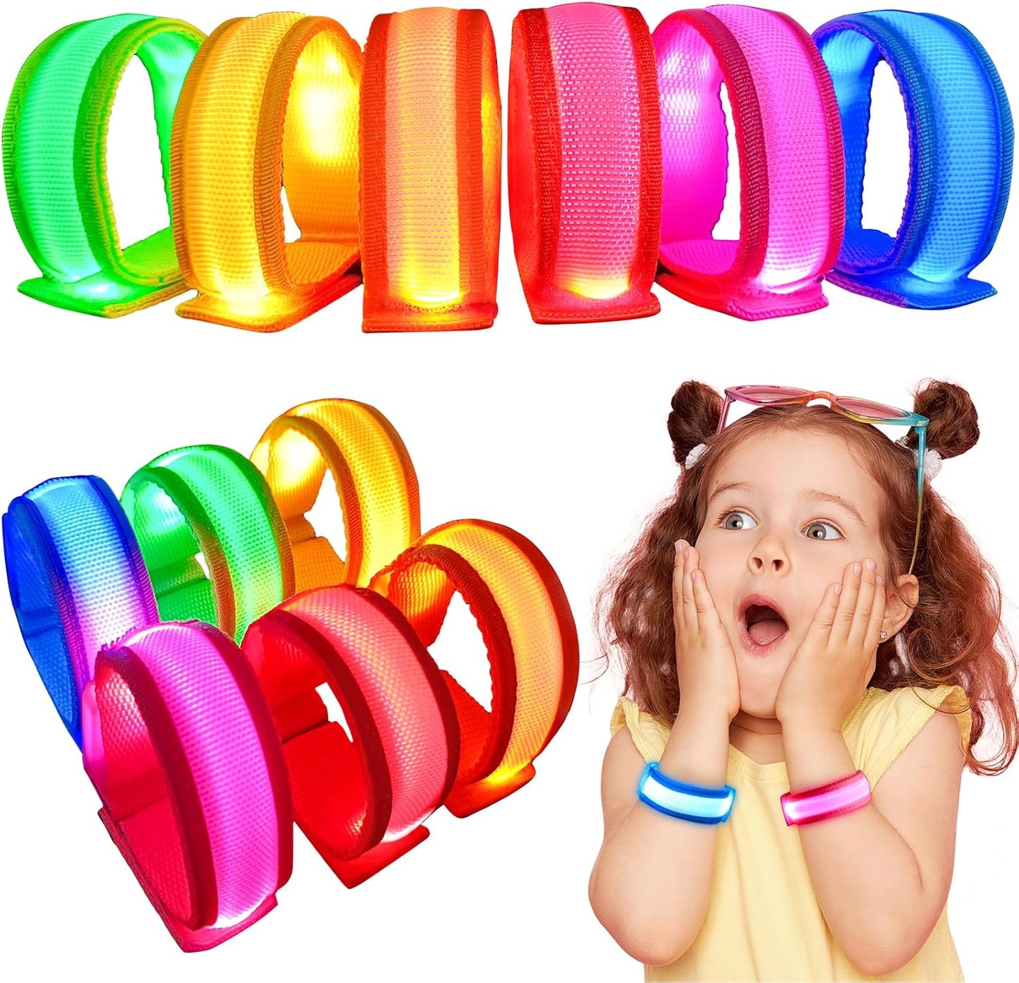 GIFTINBOX 12/6 PCS LED Light Up Bracelets for Kids Adults, LED Glow Flashing Arm Wrist Bands, Glow in The Dark Party Supplies for Night Events, Festivals. Party Favors For Concerts Rave Sports