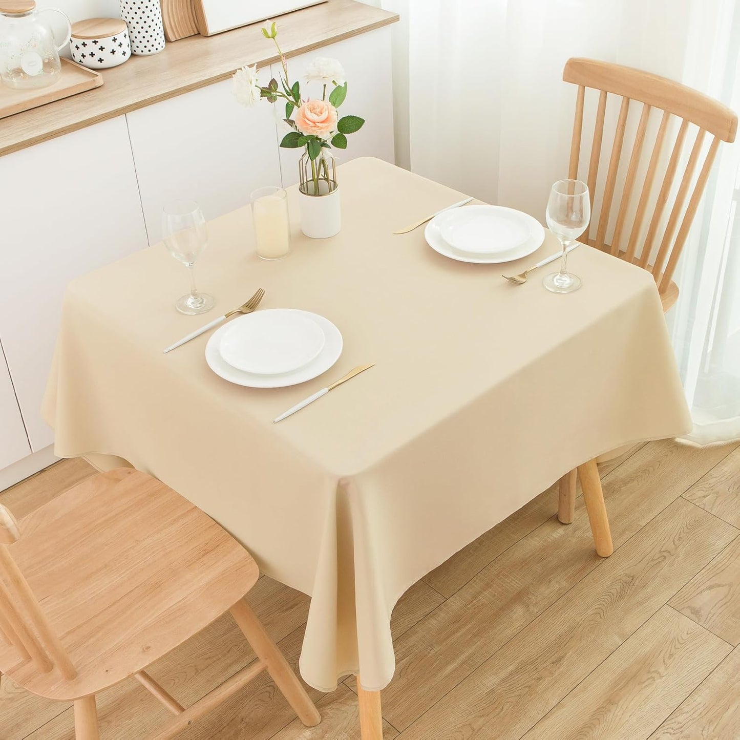 2 Pack Square Table Cloth 48X48 Inch Beige Washable Fabric Tablecloth Polyester Solid Dining Table Cover for Birthday Party Dinner Holiday Outdoor Indoor