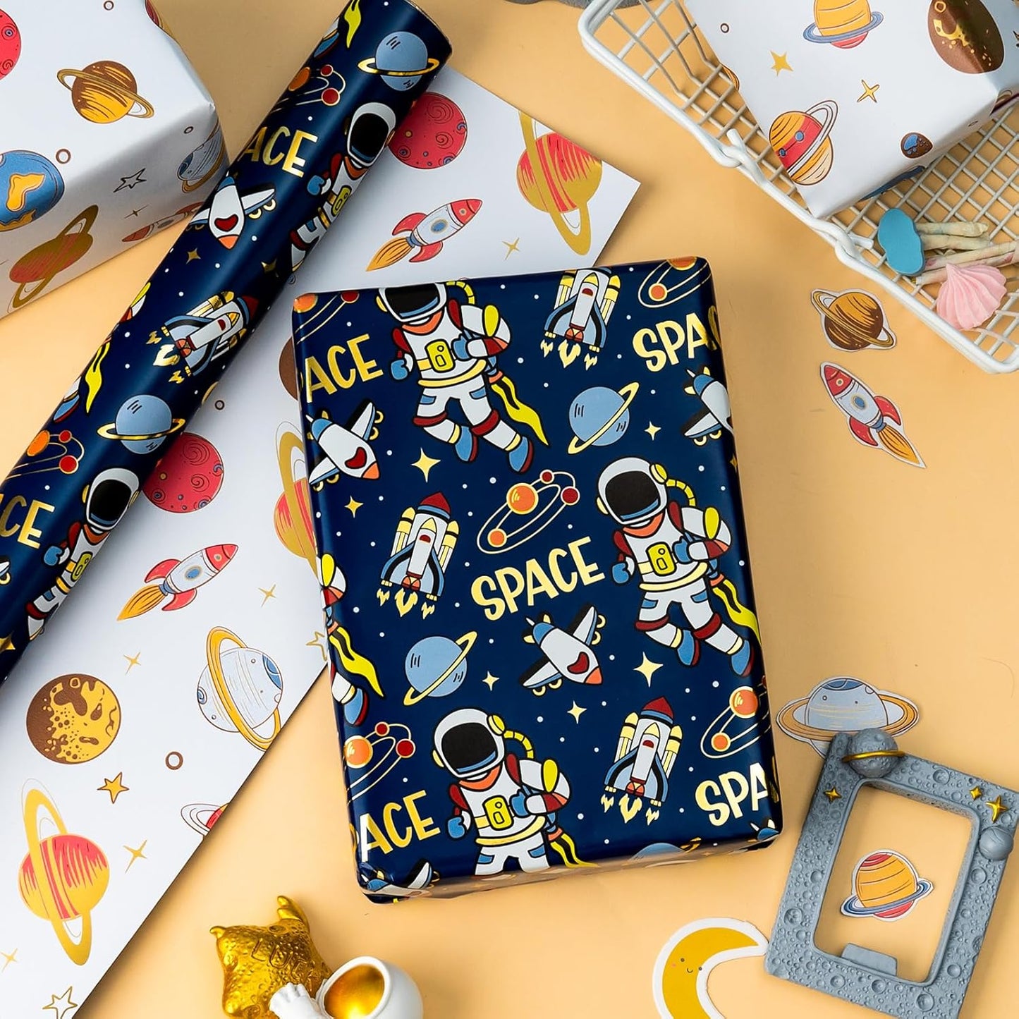 Yarcony Space Wrapping Paper Roll, Birthday Wrapping Paper for Boys, Navy Blue Astronaut Gift Wrap for Kids Birthday Outer Space Party Decor RocketShip Wrap Galaxy Planets Stars (17 Inch X 33 Feet)