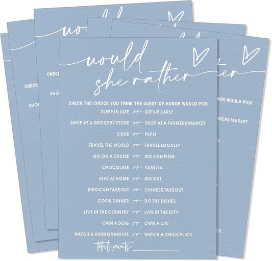 Fun Blue Bridal Shower Games Cards, Would She Rather Bridal Shower Game for 25 Guests Entertainment, Engagement Party Wedding Games for Guests, Minimalist Wedding Party Supplies - B11