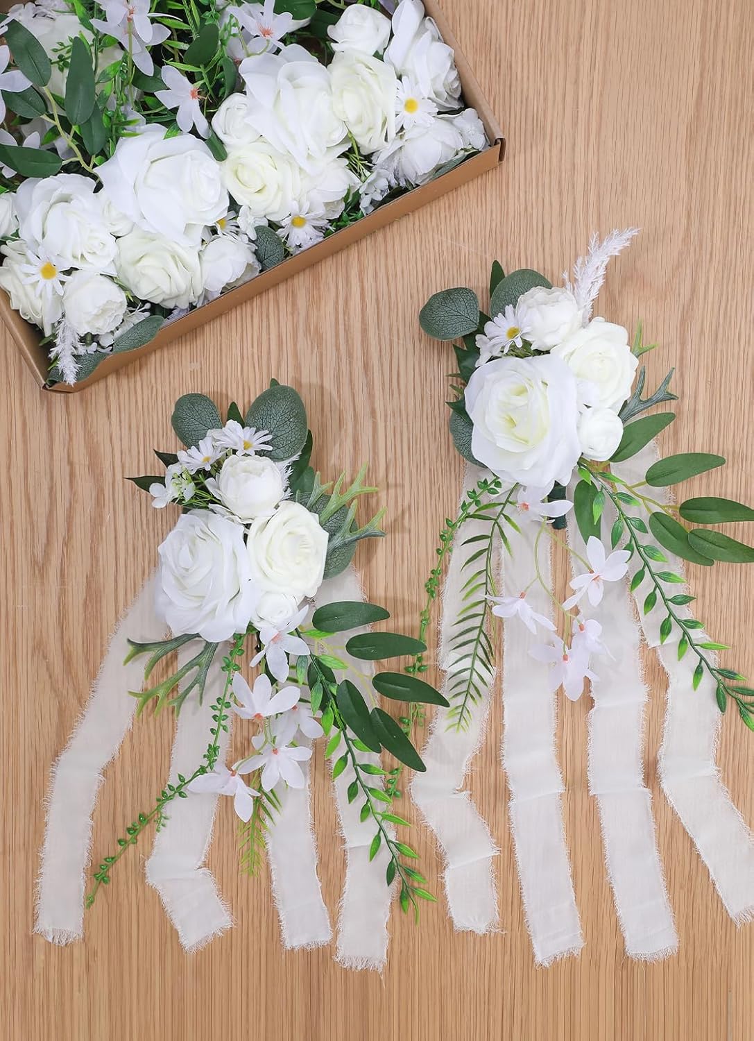 Wedding Aisle Decorations 8pcs Chair Decorations Artificial Flowers for Wedding Ceremony Party Chair Decor with Chiffon Ribbons(White)