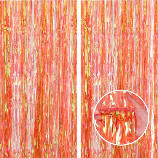 CANREVEL 2 Pack 3.2x6.5 Feet Iridescent Foil Fringe Backdrop Curtains, Clear Orange Tinsel Photo Booth Props Streamers Party Decorations for Birthdays Fall, Thanksgiving, Basketball Party