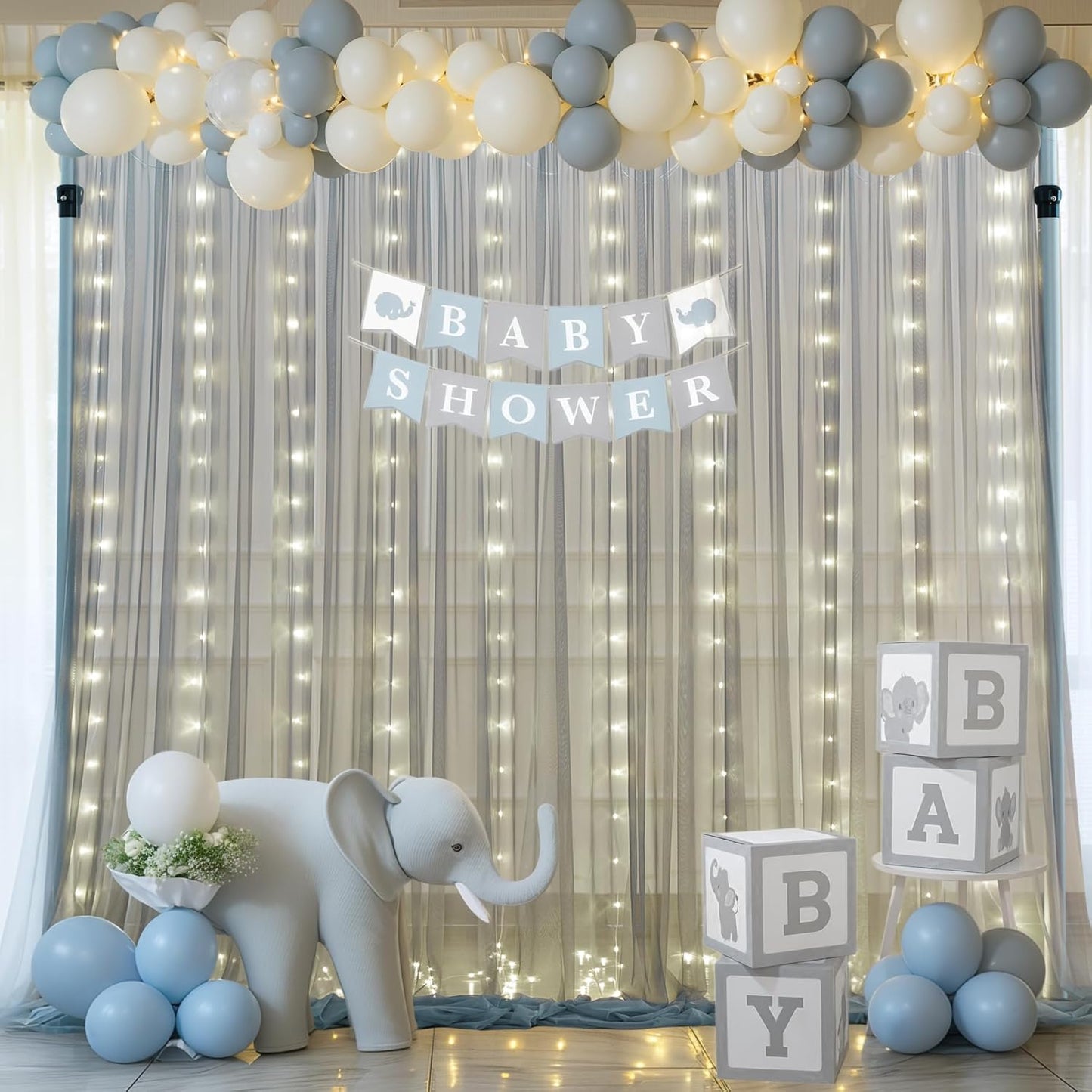 Silver Grey Tulle Backdrop Curtain with Lights String for Parites 10x10ft Sheer Backdrop Curtains for Birthday Party Bridal Shower Baby Shower Wedding Ceremony Prom Photo Booth Background Decorations