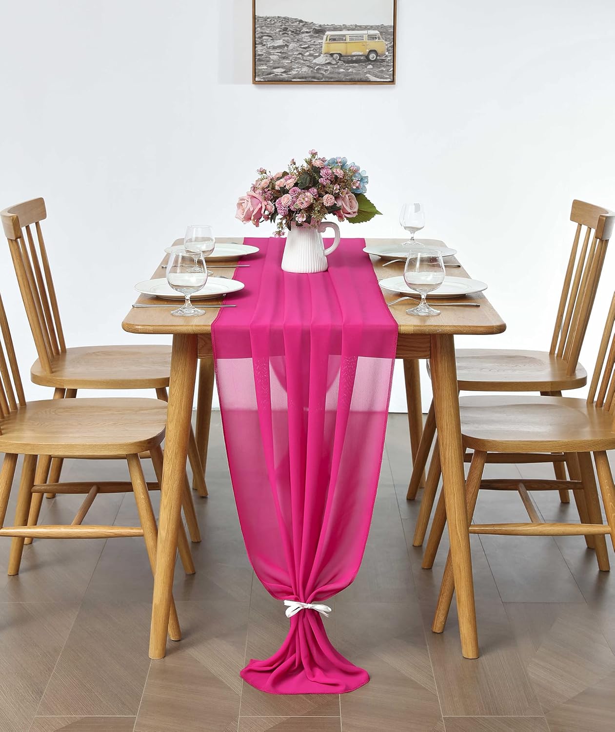 5 Pack 10Ft Fuchsia Chiffon Table Runner Sheer 29x120 Inch for Romantic Wedding Decor Bridal & Baby Shower Birthday Rustic Party Decoration