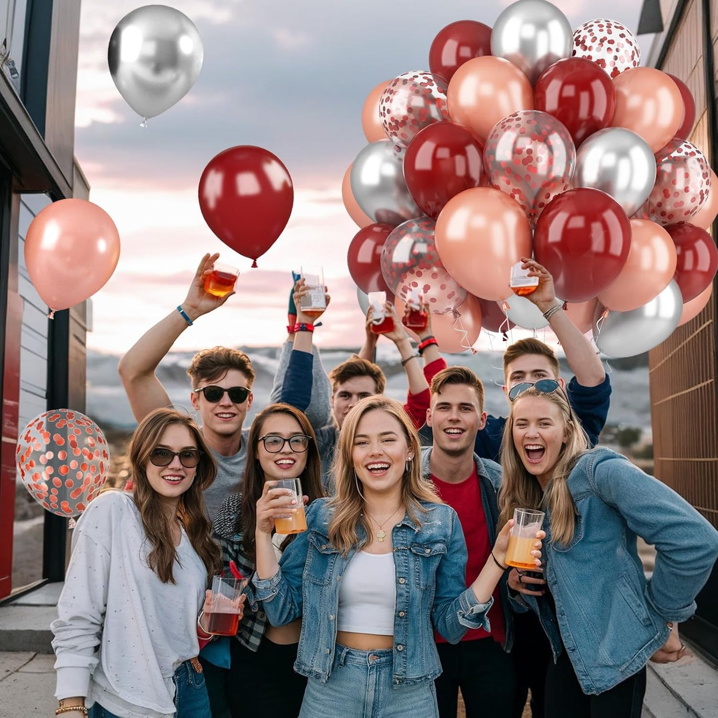 Burgundy Rose Gold Balloons, 52 PCS 12 Inch Wine Red Silver Rose Gold Latex Balloons with Confetti Balloons for Women Girls Birthday Wedding Bridal Shower Party Anniversary Decoration