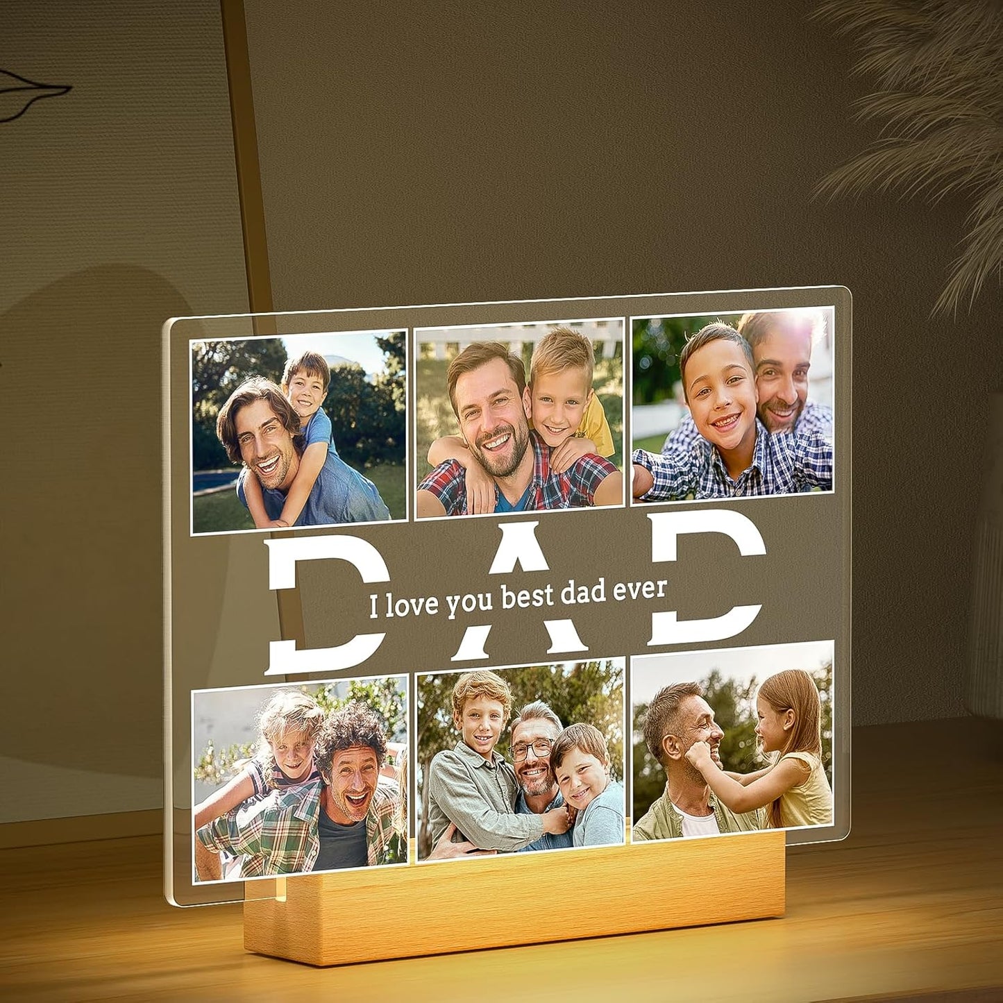 Personalized Birthday Gifts for Dad from Daughter Son, Custom Picture Frames with Photos, Customized Photo Frame with Night Light, Personalized Photo Gifts for Dad Baby Kid Family