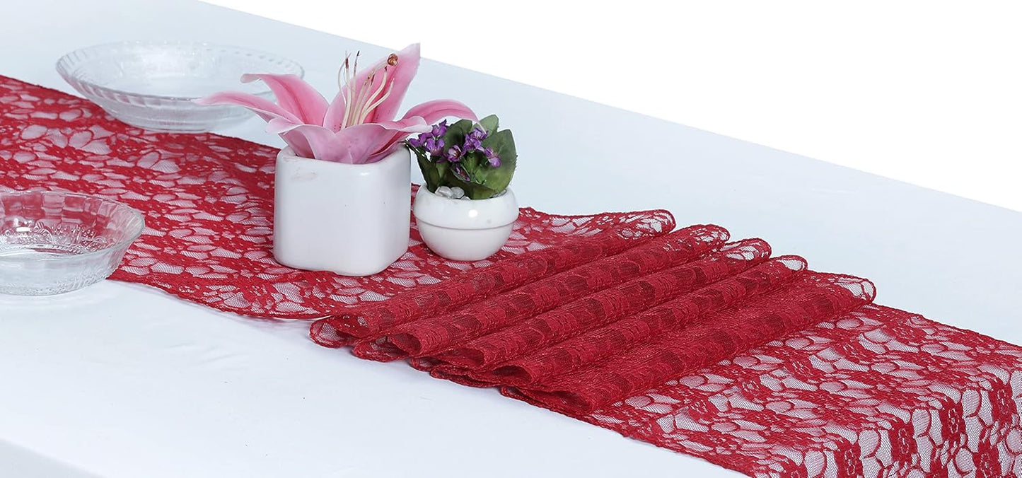 MDS Pack of 25 Wedding 12 x 108 inches Lace Table Runner for Wedding, Decorations for Birthday Parties, Banquets, Graduations, Engagements, and Runners fit Rectangle, Round Table- Apple red