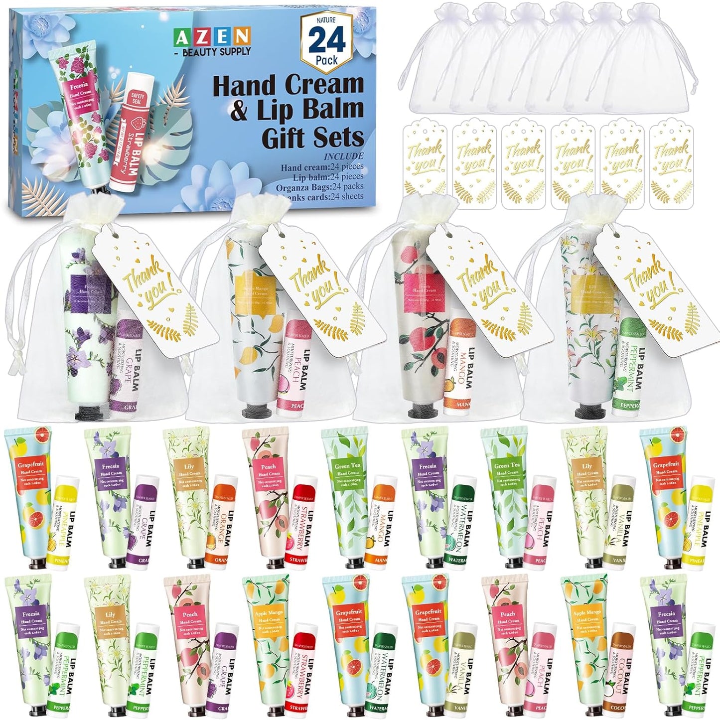 AZEN 24 Sets Bulk Gifts, Hand Cream and Lip Balm Bulk Set with Organza Bag Thank You Card, Baby Shower Wedding Gifts for Guests, Bridal Wedding Favors for Guests, Thank You Gifts for Women
