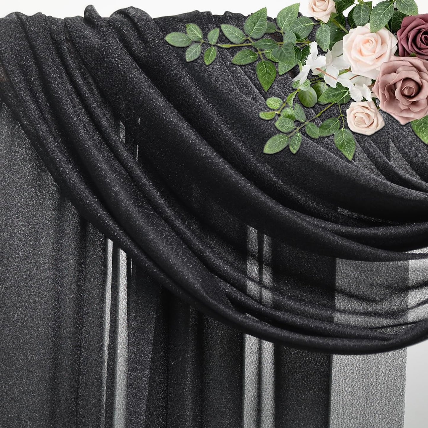 Wedding Arch Draping Fabric 6 Panels 28.7" x 20FT Black Sheer Chiffon Backdrop Drapes for Wedding Ceremony Birthday Party Bridal Shower Outdoor Decoration