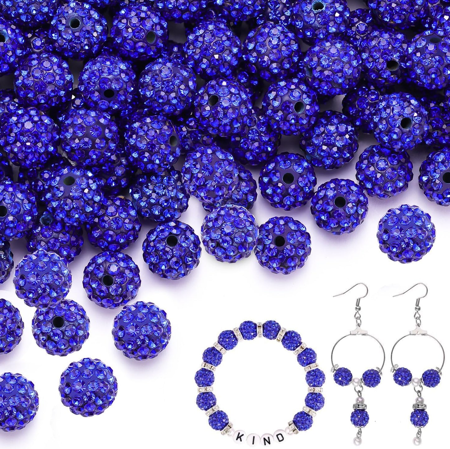 150 pcs 10mm Rhinestone Beads for Jewelry Making, Dark Blue Shiny Round Shamballa Disco Beads Bulk, Sparkle Crystal Clay Christmas for Bracelet Baseball Necklace Earring Crafting and DIY