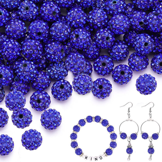 200pcs 10mm Dark Blue Rhinestone Beads for Jewelry Making, Shiny Round Shamballa Disco Ball Beads Bulk, Sparkle Crystal Clay Christmas for Bracelet Baseball Necklace Earring Crafting and DIY