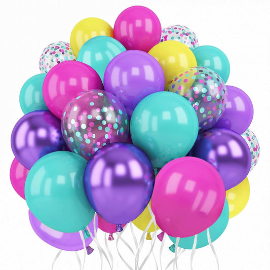 Pink Blue Purple Balloons, 50 Pcs 12 Inches Hot Pink Metallic Purple Teal Yellow Balloons Confetti Balloons for Birthday Kids Theme Decoration Brida Shower Engagement Party Supplies