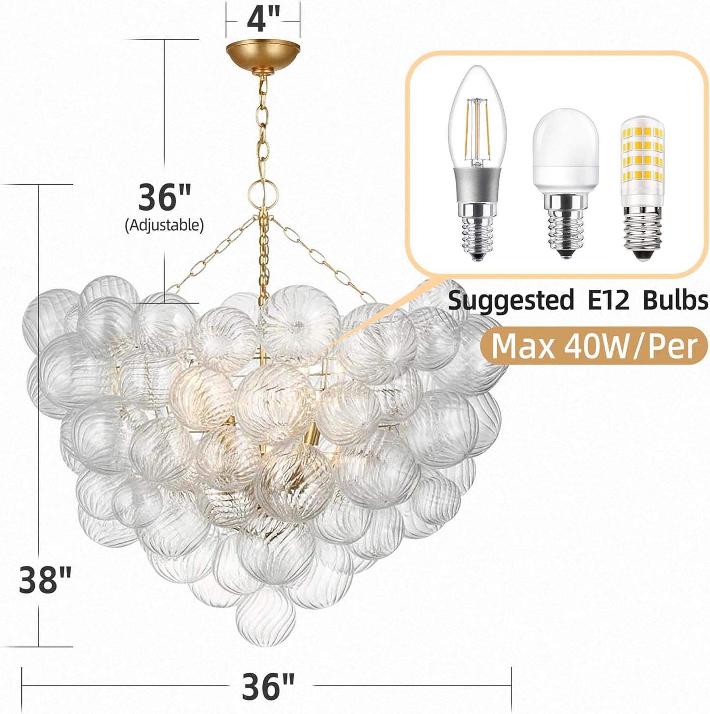 Nordic Bubble Ball Swirled Glass Chandelier, Dia 36 inch Gild Gold and Clear Blown Glass Large Pendant Light Fixture for Bedroom Study Restaurant Entry Room