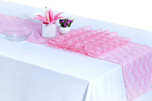 MDS Pack of 15 Wedding 12 x 108 inches Lace Table Runner for Wedding, Decorations for Birthday Parties, Banquets, Graduations, Engagements, and Runners fit Rectangle, Round Table- Pink