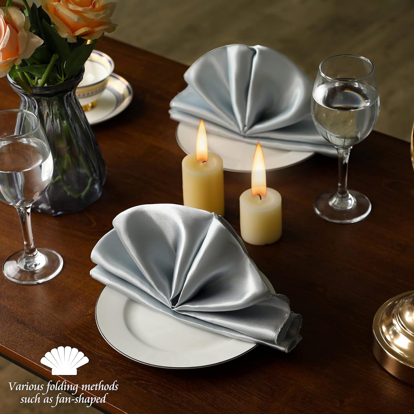 Manyshofu 60 Pieces Silver Satin Napkins - 20x20 Inches Cloth Napkins, Square Satin Fabric Napkins Set - Elegant & Reusable Table Napkins for Wedding Dinner Party Lunch Banquet Restaurant Decoration