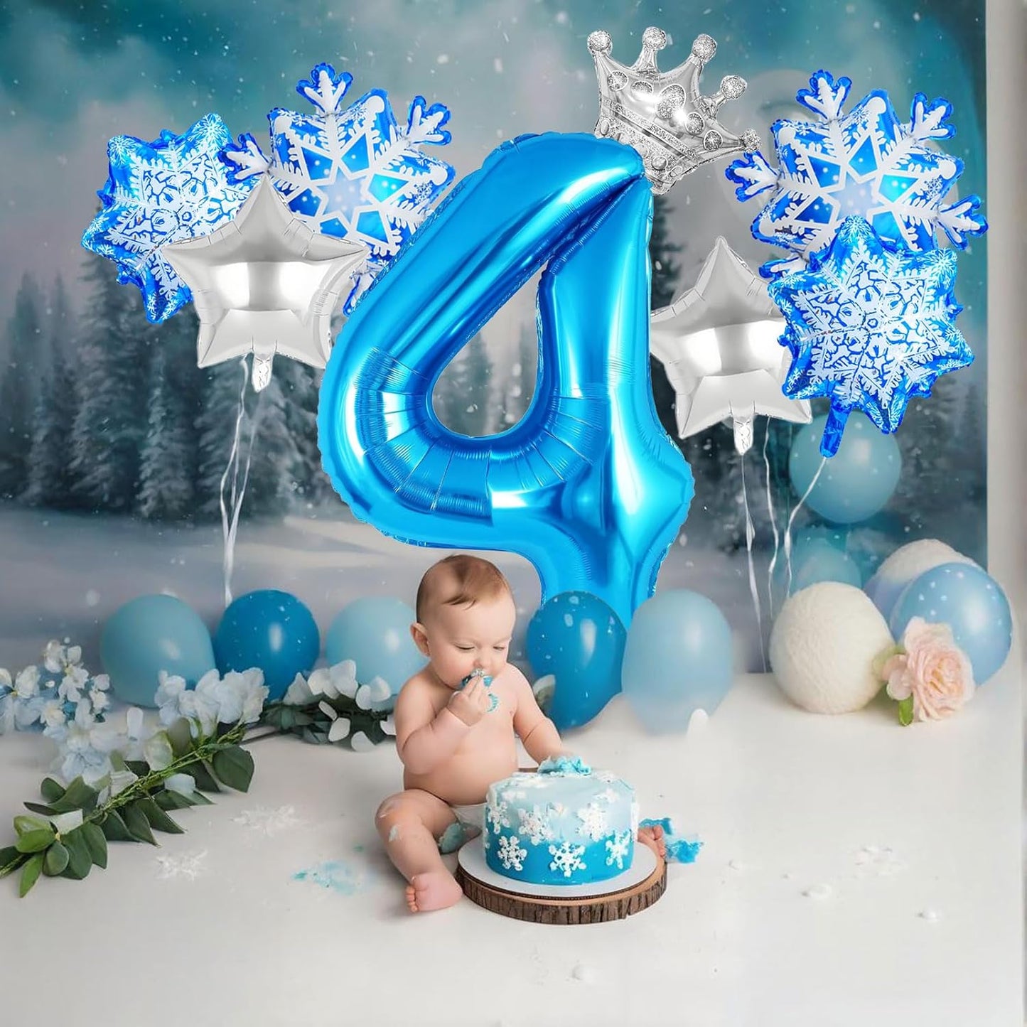 8Pcs Winter Wonderland Decorations - 40inch Blue Number 4 Balloons - Crown Balloons for Winter Wonderland Party Decorations - Birthday Decoration