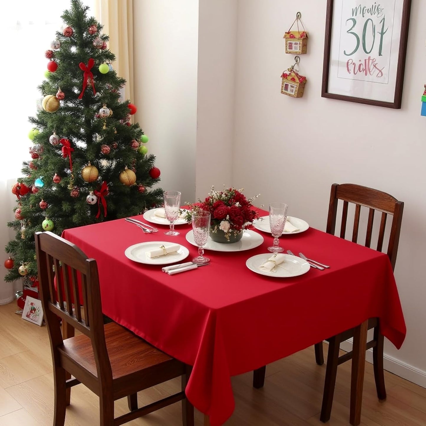 sancua Christmas Red Square Tablecloths 54x54 Inch - Fabric Table Cloth for Square or Round Tables, Washable Polyester Table Cover for Dinner, Holiday Party, Decorative Display Tables