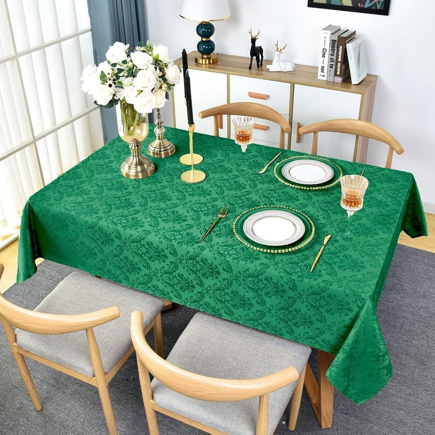 SASTYBALE Jacquard Tablecloth Rectangle, Damask Table Cloth SpillProof Wrinkle Resistant Tablecloths, Soft Polyester Oblong Table Cover for Kitchen, Dinner, Parties (Dark Green, 60X84)