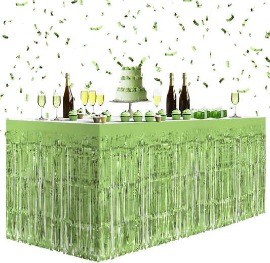 4 Pack Light Green Table Skirts, 29x108" Metallic Foil Tinsel Fringe Table Skirts for Rectangle Tables Streamer Curtains Backdrop, Party Decorations for Birthdays Weddings Holidays