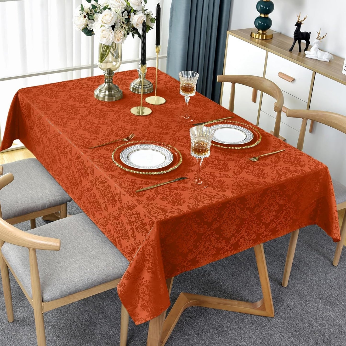 SASTYBALE Jacquard Rectangle Tablecloth, Rusty Spill-Proof Wrinkle Resistant Damask Table Cloth, Soft Polyester Oblong Table Cover for Kitchen Parties Thanksgiving - 52x 70 Inch Rust
