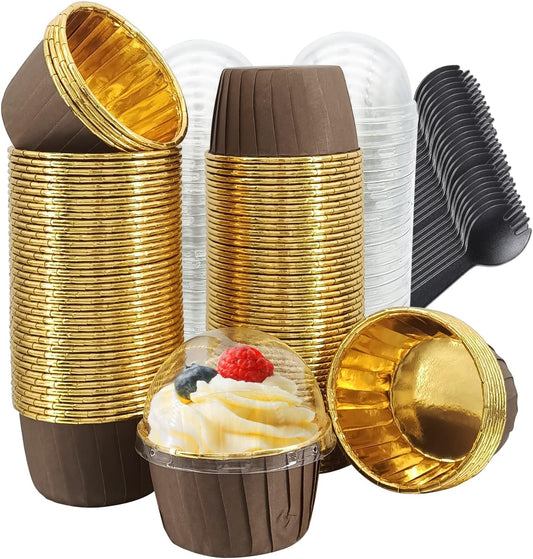 Muffin Cups with Lids 100Pack,Free-Air 3.5Oz Foil Cupcake Liners,Mini Muffin Liners Cupcake Baking Cups,Disposable Muffin Tins Cupcake Wrappers,with Spoons-Brown in gold