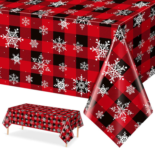 1 Pieces Red and Black Buffalo Plaid Merry Christmas Party Tablecloth Decorations,Plastic White Snowflake Buffalo Plaid Sign Table Cover for Winter Christmas Holiday Party Supplies,54x108 inch