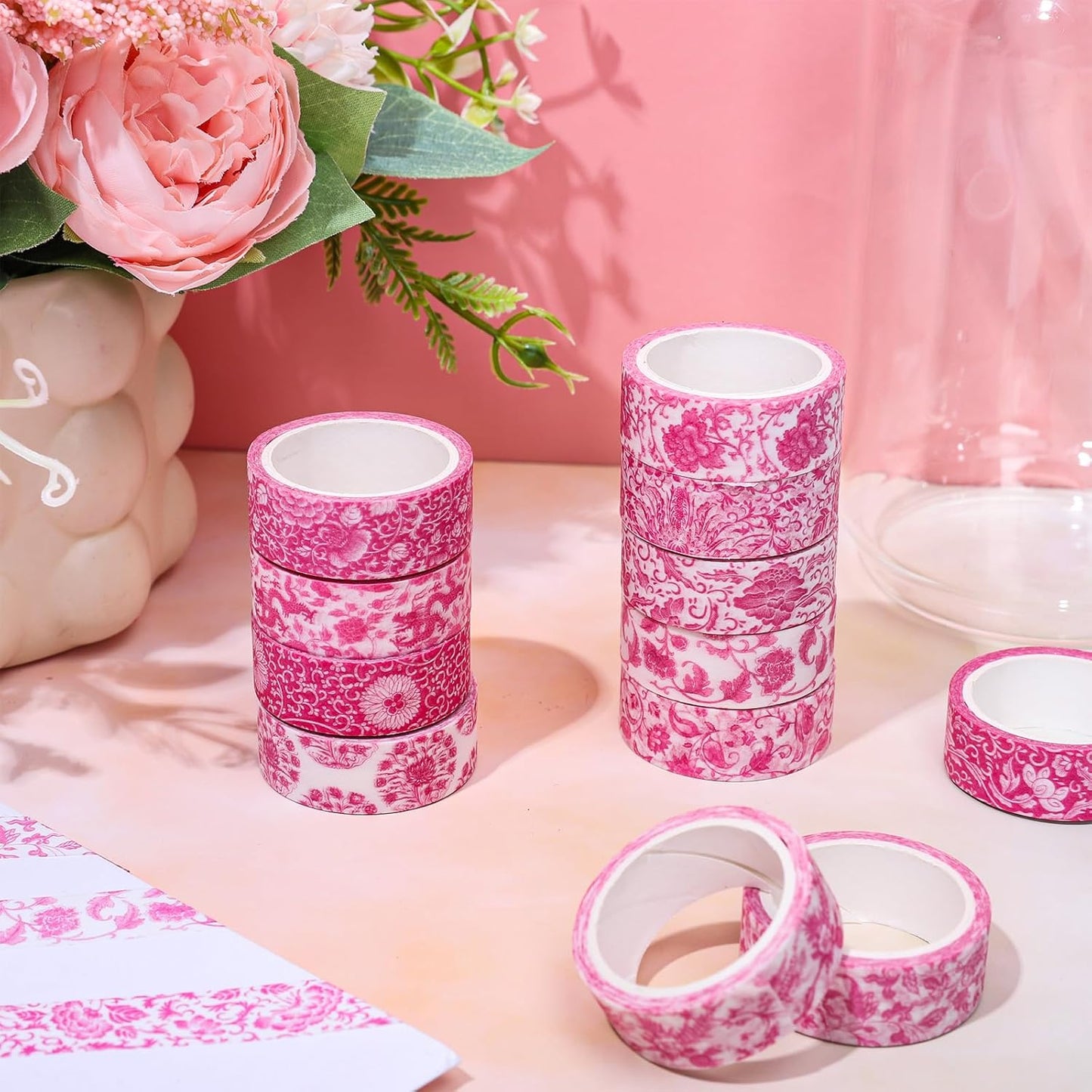 Whaline 12 Rolls Pink Floral Washi Tape Chinoiserie Flower Decorative Masking Tape Set Vintage Wrapping Paper Tape for Scrapbook Journal DIY Art Crafts