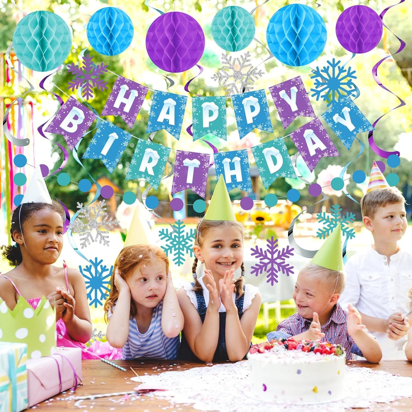Funrous Snowflake Birthday Decorations Happy Birthday Banner Snowflake Hanging Swirls Honeycomb Balls Circle Dots Garland for Winter Princess Party Supplies
