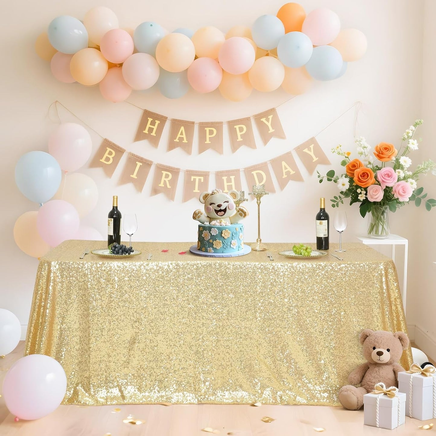 SquarePie Sequin Tablecloth 60 x 120 Inch Light Gold Reflect Lights Bling Sparkly Table Cloth for Wedding Party