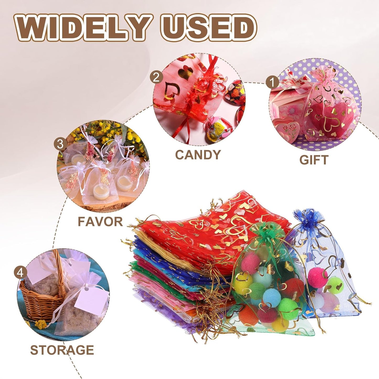 PATIKIL 100 Pcs 5x7 Inch Heart Printed Organza Bags, Orange Sheer Heart Organza Bags with Drawstring for Christmas Candy Jewelry Party Wedding Favor Gift