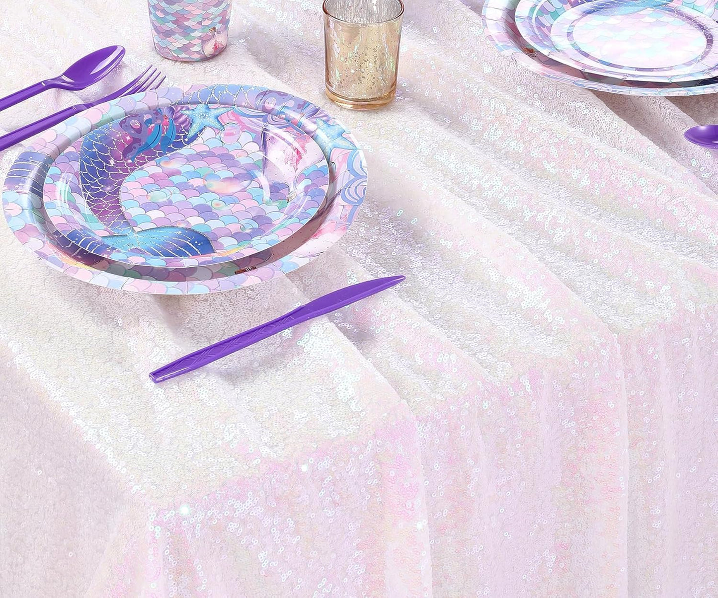 QueenDream Iridescent Mermaid Themed Party Decorations: 90x90 Inch Sequin Table Cloths White Birthday Tablecloth Glitter Fabric Overlay