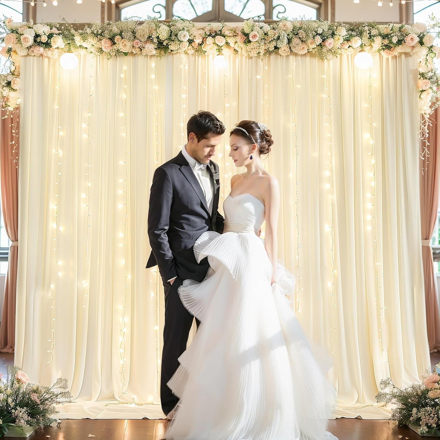 Light Champagne Backdrop Curtains with Lights String for Parties,10x10FT Wrinkle Free Wedding Photo Backdrop Curtains for Baby Shower Birthday Ceremony Reception Home Party Decorations-5ft x 10ft