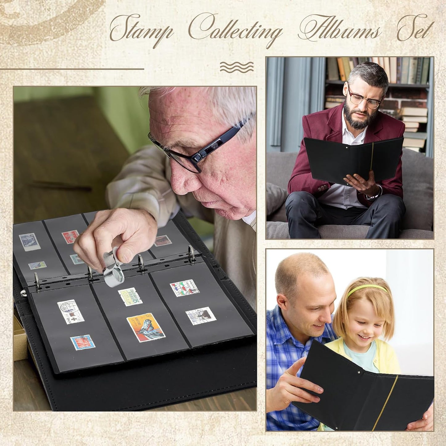 Lewtemi Stamp Collecting Albums Set Stamp Collection Book Include 20 Pages Album Binder Tweezer and Loop Magnifier Collecting Supplies for Collectors(Black,1/2/3/4 Rows)