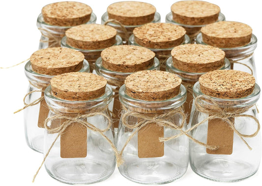 Otis Small Glass Bottles - Mini Jars w/Cork Stoppers - Round 100ml Mason Jars for Crafts, Candle Holders & Potion Bottles – 12 Pack