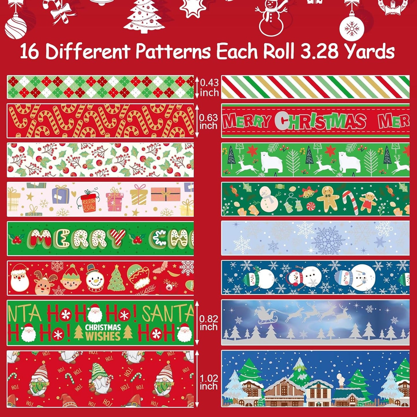 16 Rolls Christmas Washi Tape Holiday Masking Tape Red Green Christmas Wrapping Tape Glod Silver Foil Decorative Tape for Christmas Scrapbook Journal DIY Craft Gift Wrapping（Xmas