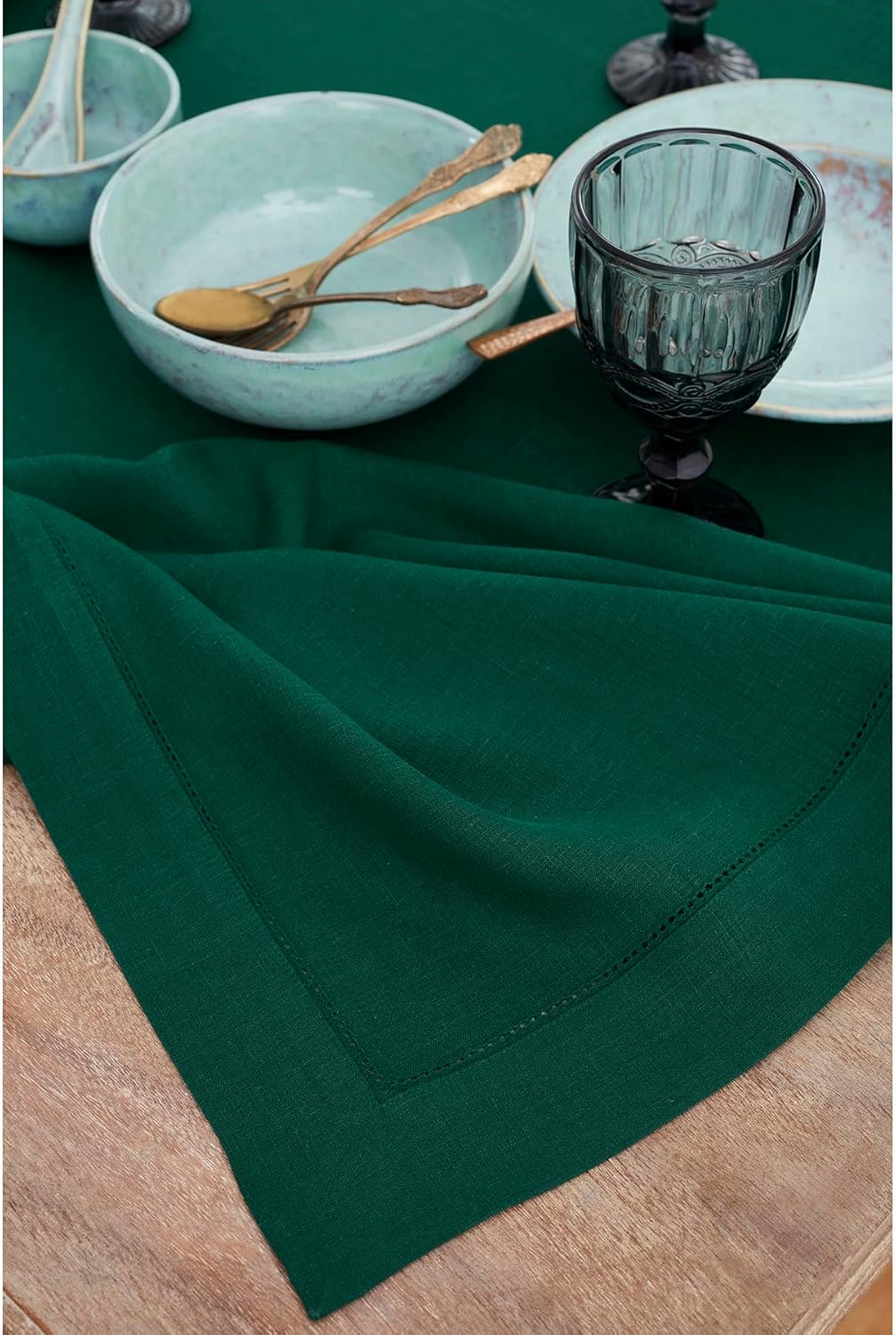 Solino Home Linen Tablecloth for Rectangle Tables 60 x 132 Inch - Classic Hemstitch 100% Pure Linen Rainforest Green Table Cloth - Machine Washable Cloth Tablecloth for Fall, Autumn, Thanksgiving