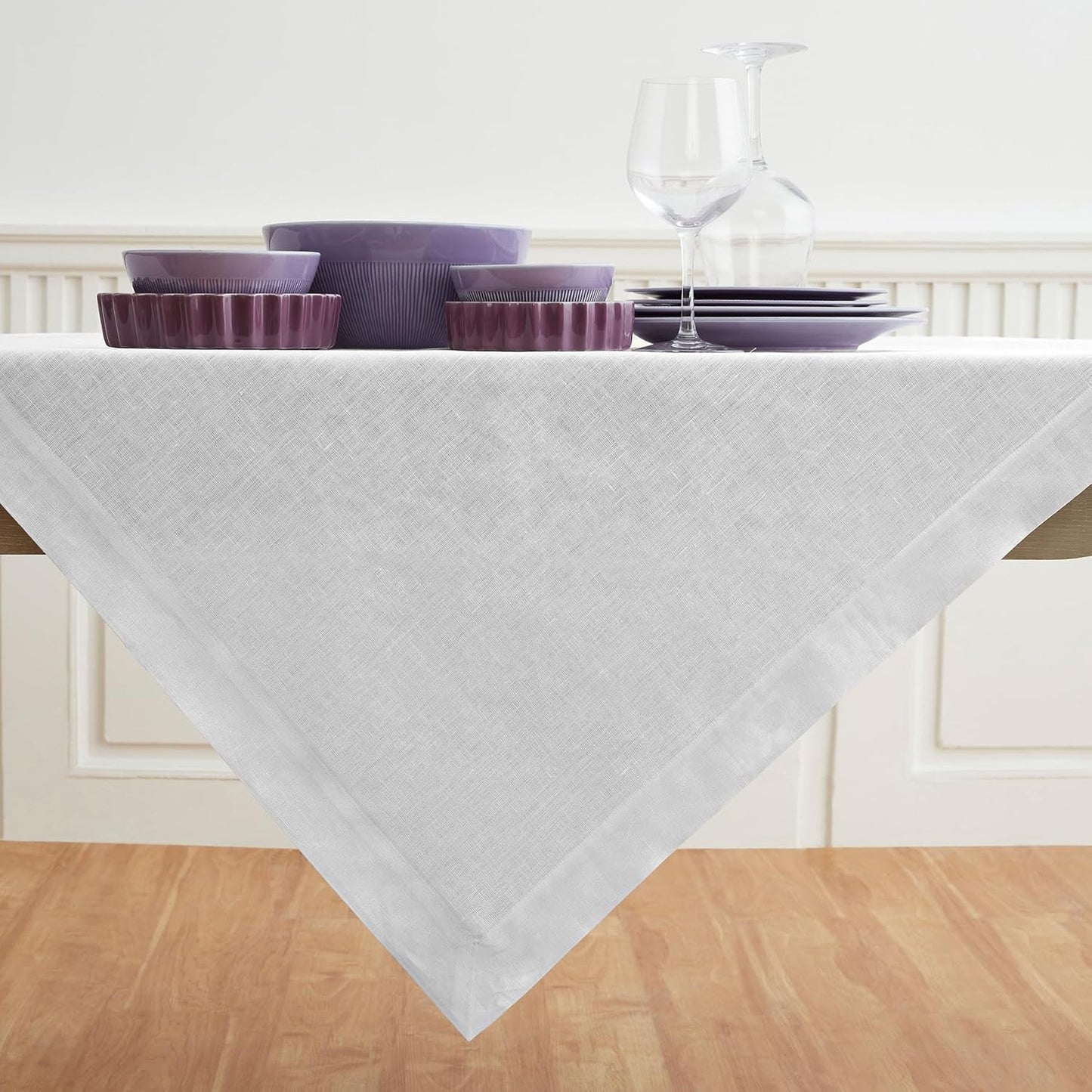 Solino Home Linen Tablecloth 52 x 52 Inch - 100% Pure Linen Silver Cloud Square Tablecloth - Fete, Machine Washable Table Throw for Fall, Autumn, Thanksgiving