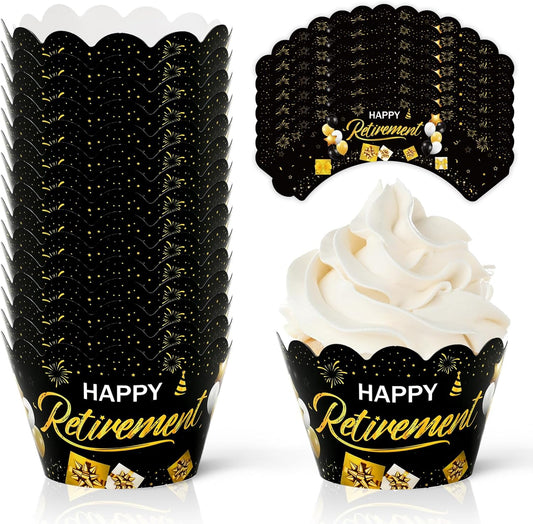 Whaline 36Pcs Happy Retirement Cupcake Wrappers Black Gold Retirement Cupcake Liners Decorative Cupcake Holders for Party Cake Dessert Decoration