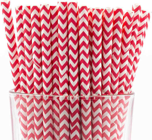 Pack of 150 Red Chevron Biodegradable 4-Ply Paper Drinking Straws (Compostable, Non-toxic, BPA-free)
