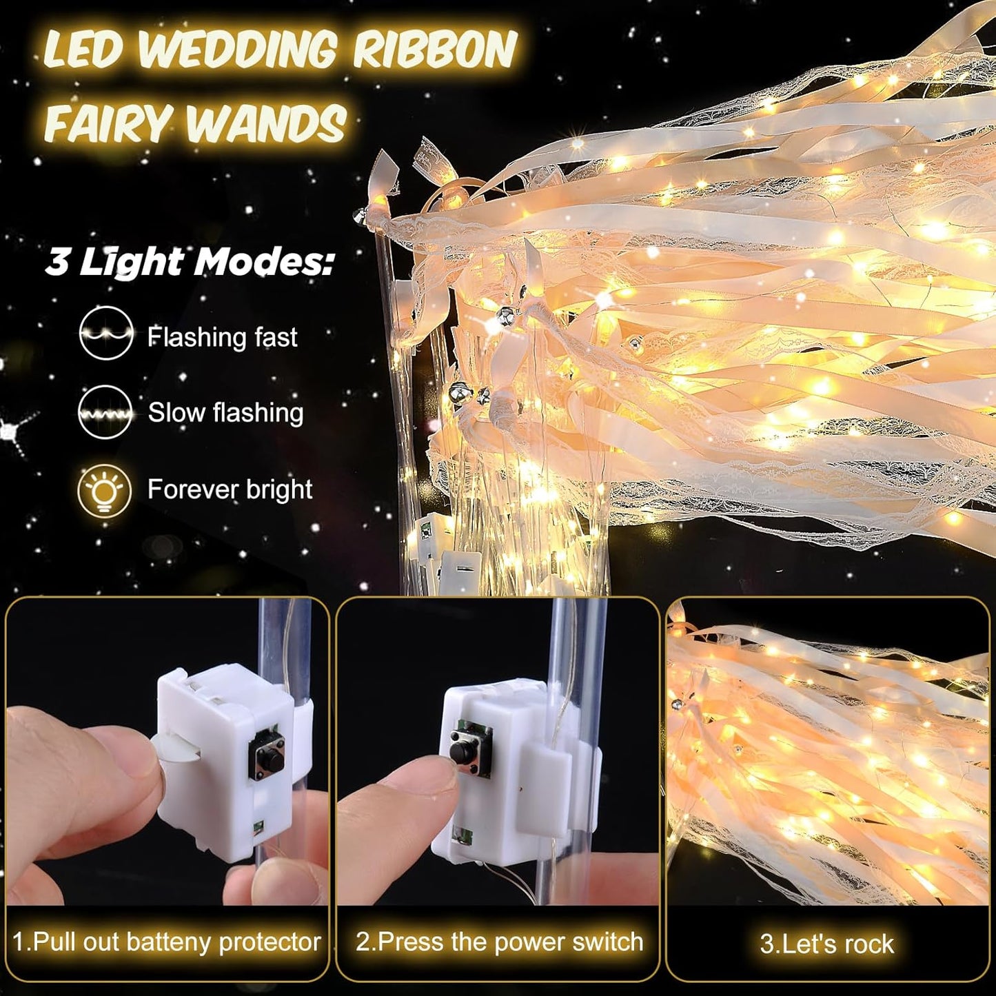 200 PCS Wedding Wands with Lights,Fairy Wands, LED Silk Fairy Wand with Bells for Wedding Send Off, New Year, Raves, Concert, Birthday